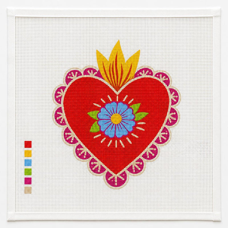 Sacred Heart Needlepoint Canvas, Colorful Floral Heart 13 Mesh, Flame Folk Art Stitching Design