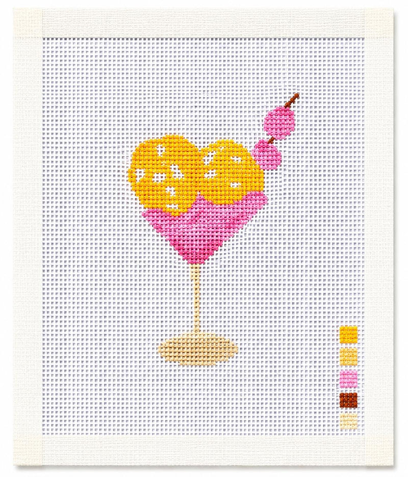 Pickleball Cocktail Needlepoint Canvas, Hand-Painted 18 Mesh, Pink Heart Ornament Gift