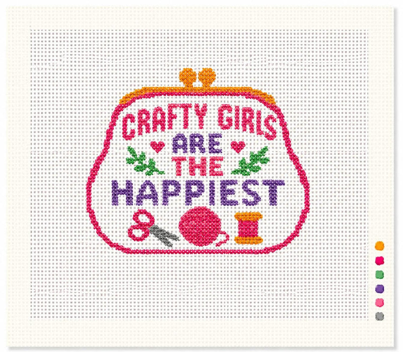 Crafty Girls Are the Happiest Needlepoint Canvas, Hand-Painted 13 Mesh Craft Lover Quote Design