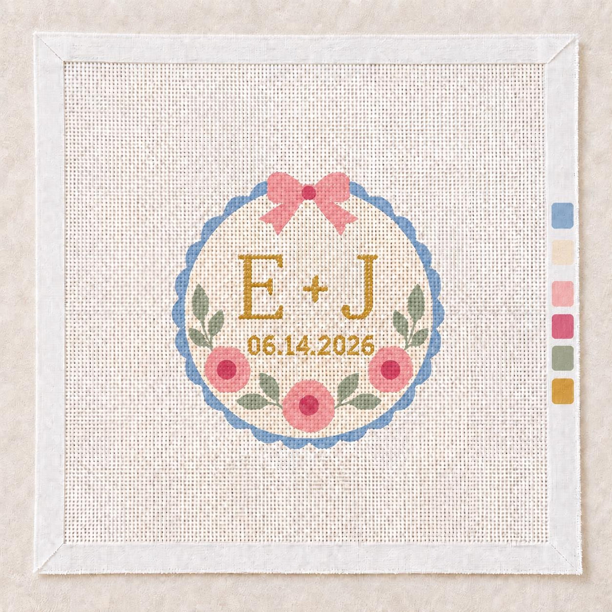 Personalized Wedding Needlepoint Canvas, Beginner-Friendly 18 Mesh, Custom Initials Date Christmas Ornament