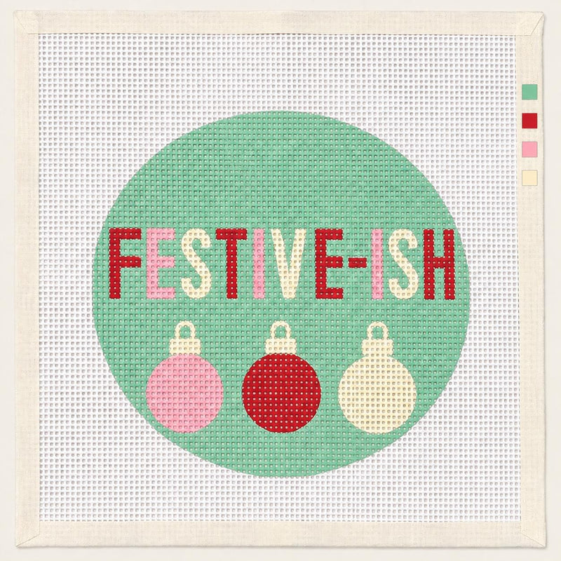 FESTIVE- ISH Funny Christmas Needlepoint Canvas,  Hand-Painted 13 Mesh Ornament, Beginner Holiday Stitching