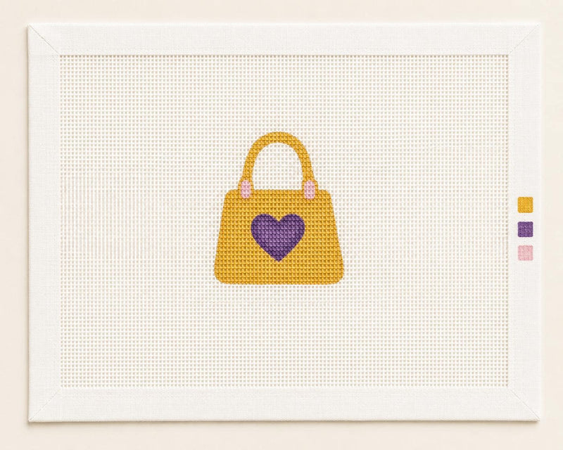 Gold Handbag Needlepoint Canvas, Purple Heart Bag Charm, Girly Beginner Needlepoint, Game Day Accessory