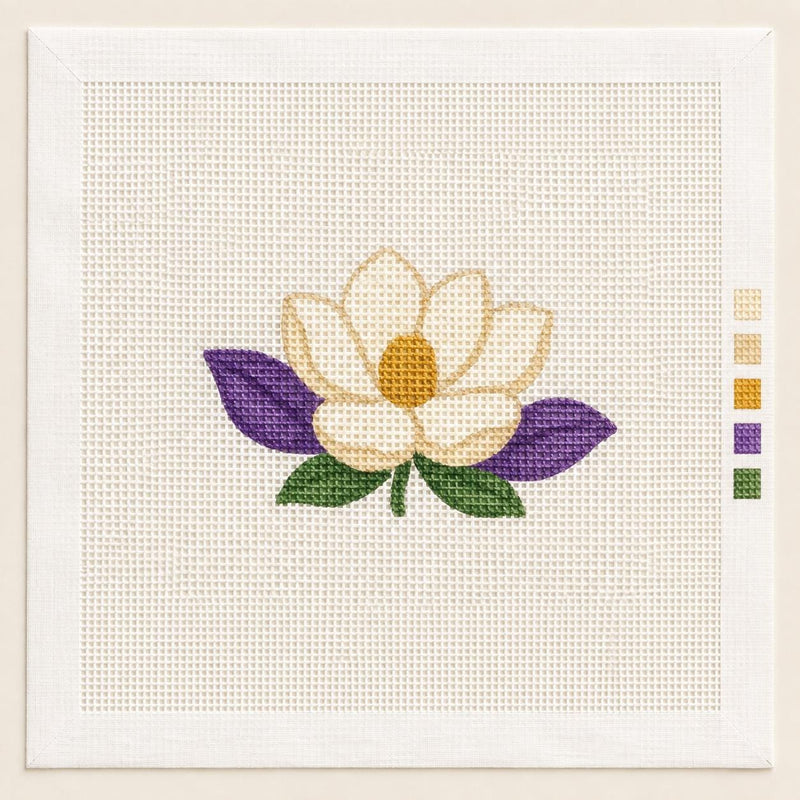 Hand-Painted Magnolia Needlepoint Canvas, Purple Gold Floral Bag Charm