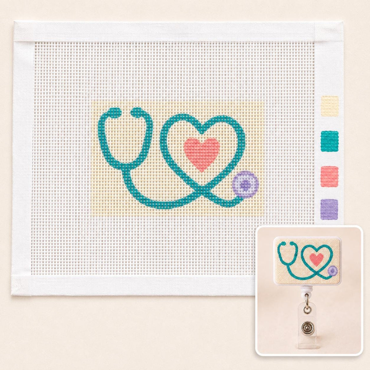 Stethoscope Heart Needlepoint Badge Reel Kit, DIY Nurse Craft, 18-Mesh Canvas