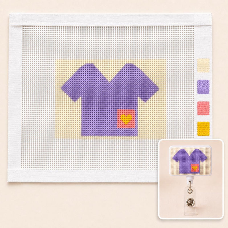 Lavender Scrubs Needlepoint Badge Reel Kit, DIY Nurse Gift, 18-Mesh Canvas