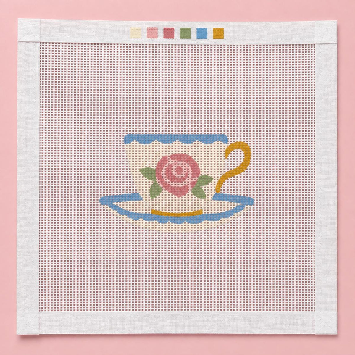 Coquette Rose Teacup Needlepoint Canvas, Beginner-Friendly 18 Mesh, Shabby Chic Tea Design