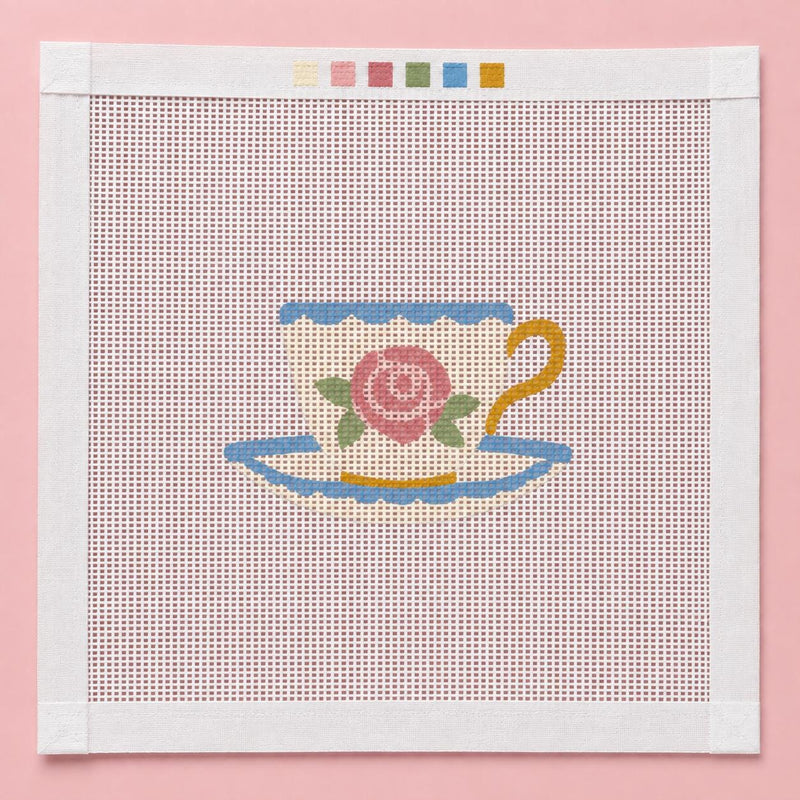 Coquette Rose Teacup Needlepoint Canvas, Beginner-Friendly 18 Mesh, Shabby Chic Tea Design