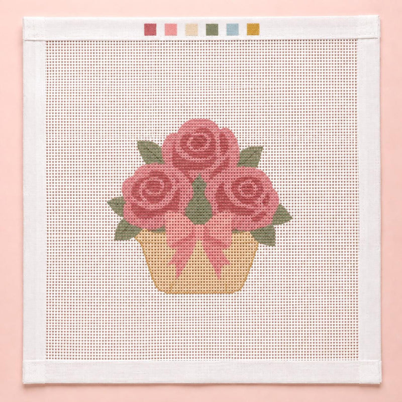 Coquette Rose Basket Needlepoint Canvas, Beginner-Friendly 18 Mesh, Shabby Chic Floral Design