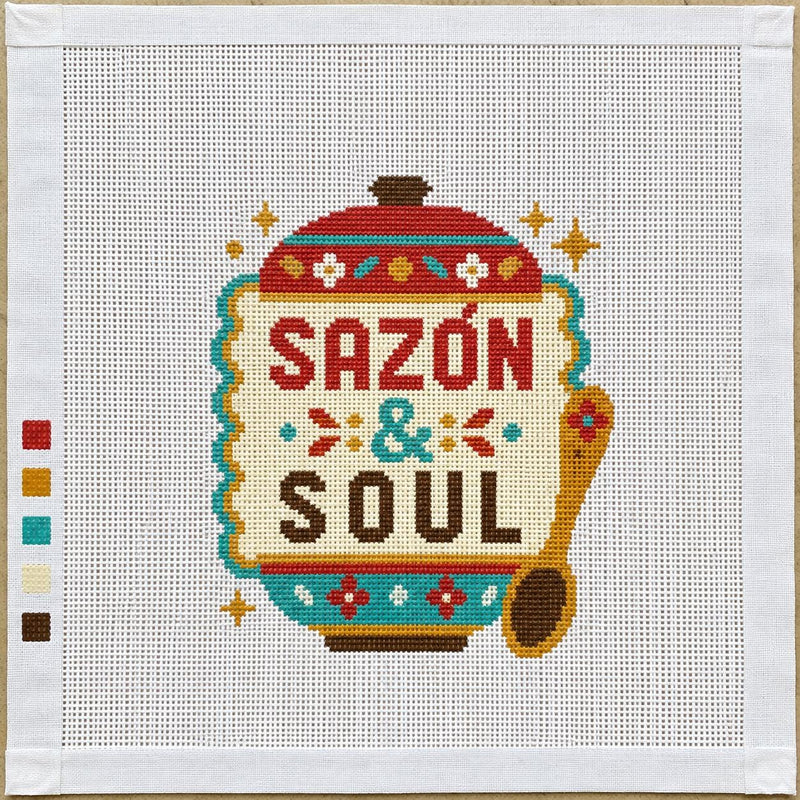 Sazón and Soul Needlepoint Canvas - Latina Kitchen Décor - Hispanic Cook Gift - Spanish 13 Mesh Needlepoint