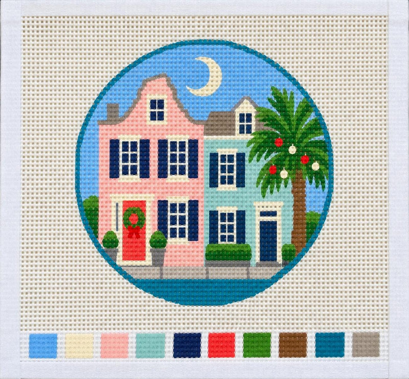 Charleston Christmas Needlepoint Canvas – Hand-Painted 13 Mesh Ornament, Rainbow Row & Palmetto Tree