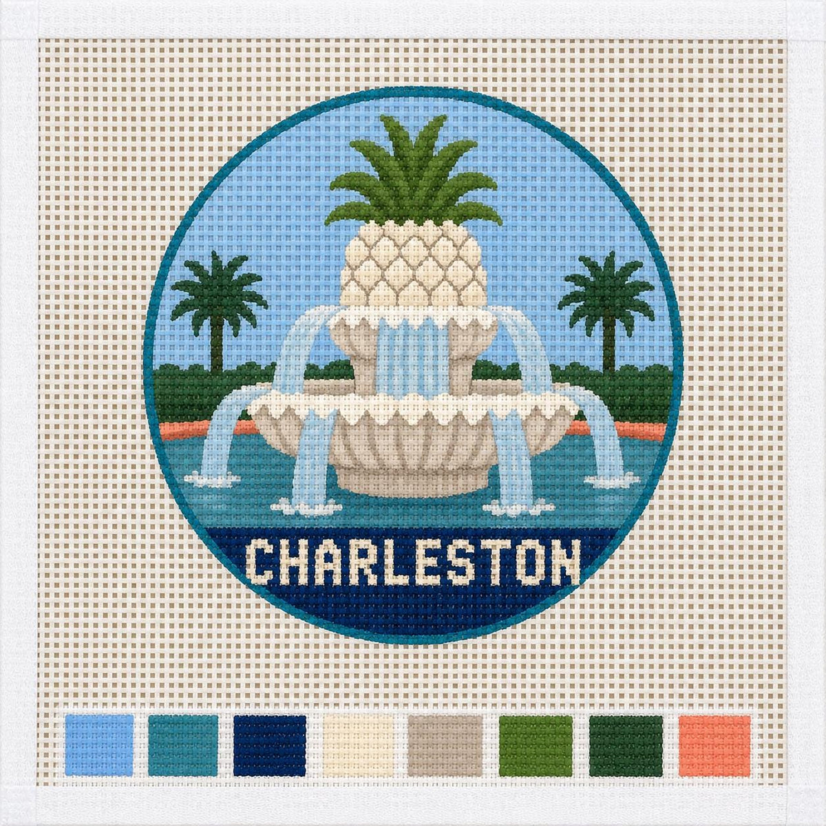 Charleston Pineapple Fountain Needlepoint Canvas – Hand-Painted 13 Mesh Ornament, South Carolina Gift