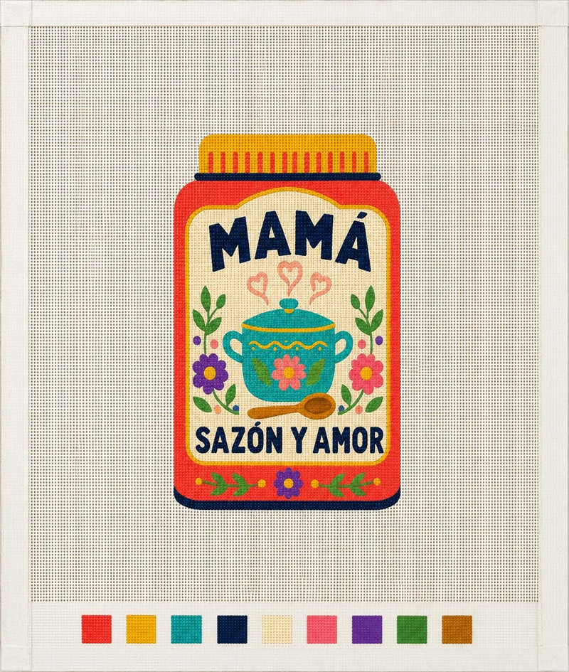 Mamá Needlepoint Canvas – Hand-Painted 18 Mesh Hispanic Mother’s Day Gift, Sazón y Amor