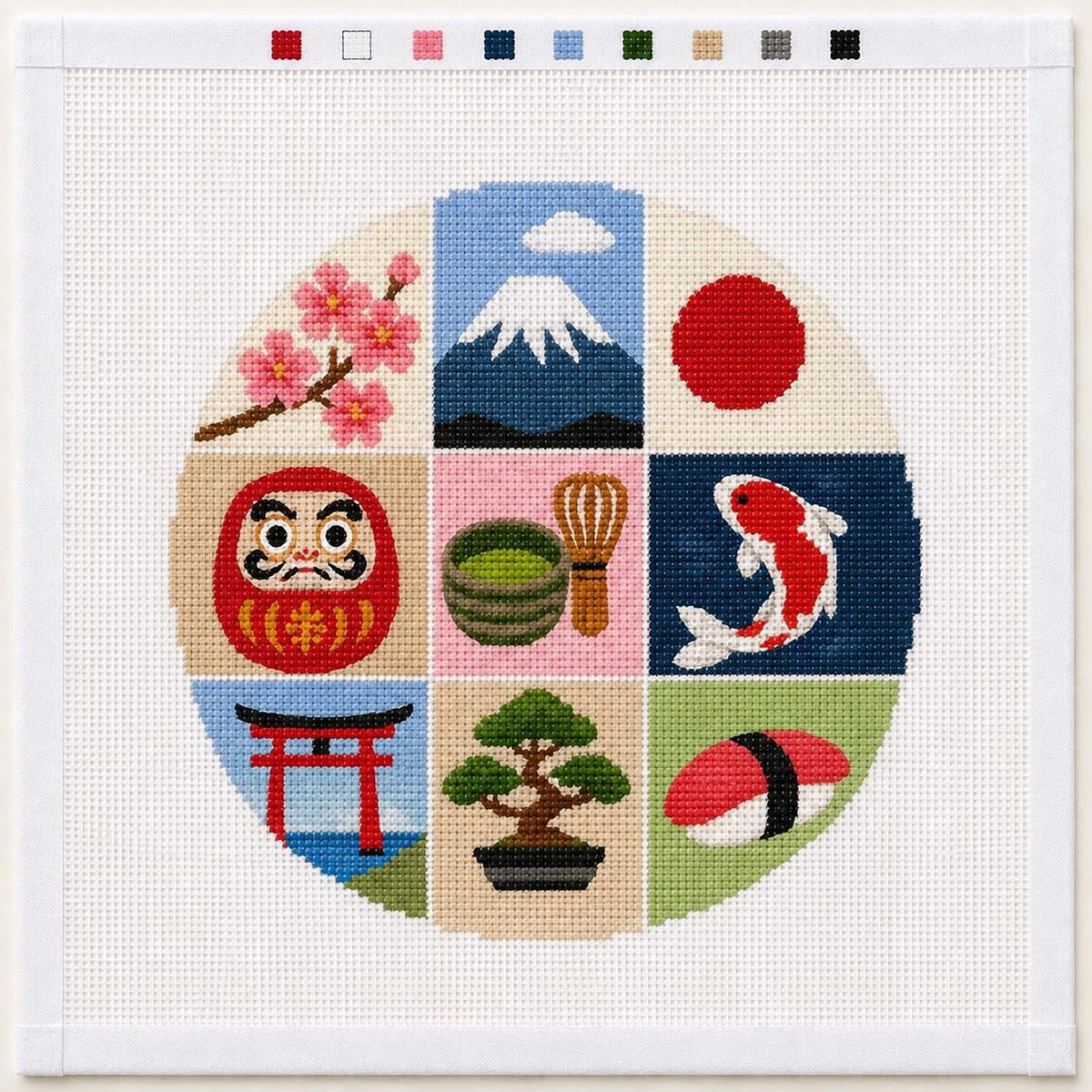 Japan Needlepoint Canvas 13 Mesh Ornament, Japanese Travel Gift, Mt Fuji Cherry Blossom Sushi
