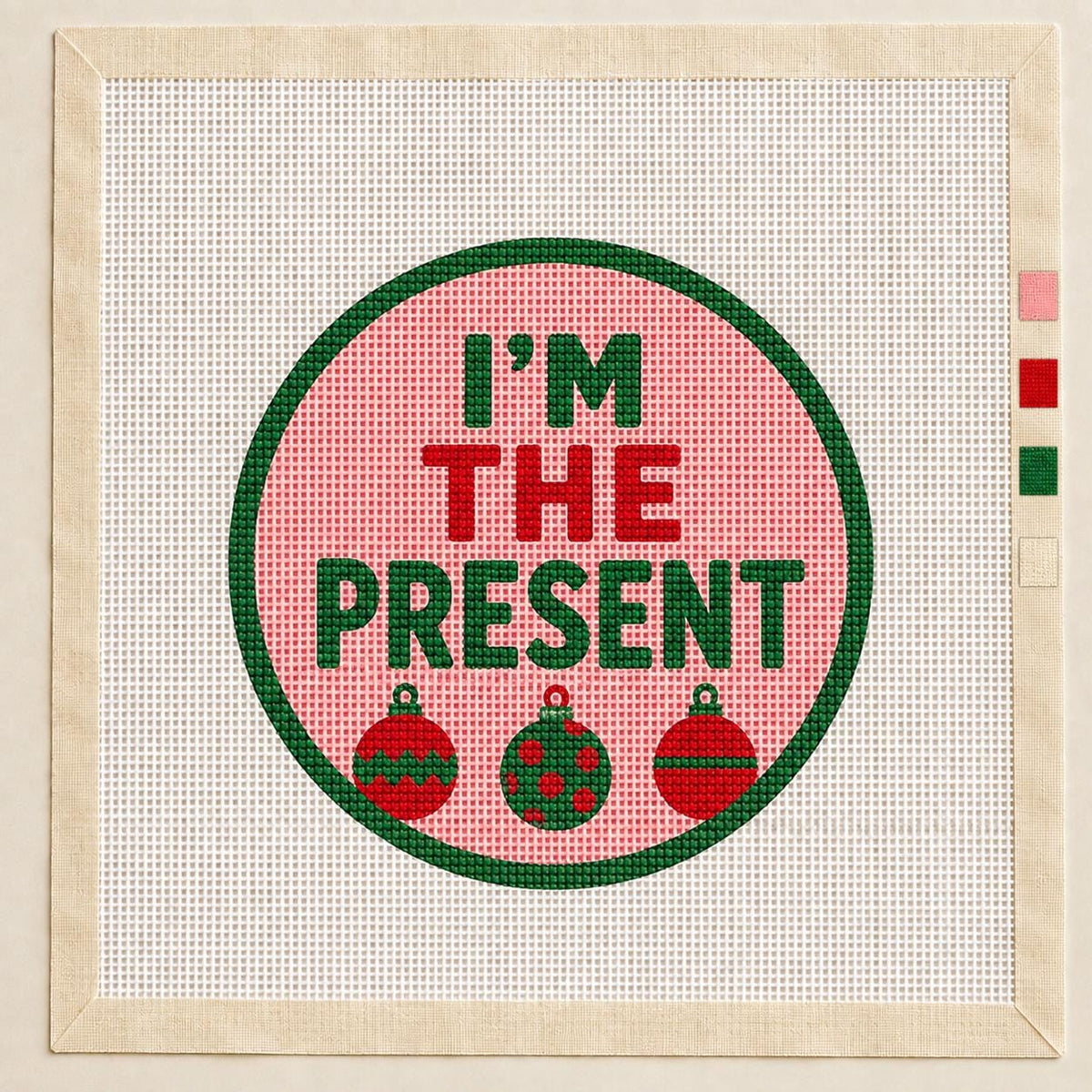 I'm the present - Funny Christmas Needlepoint Canvas, Hand-Painted 13 Mesh Ornament, Beginner Holiday Stitching