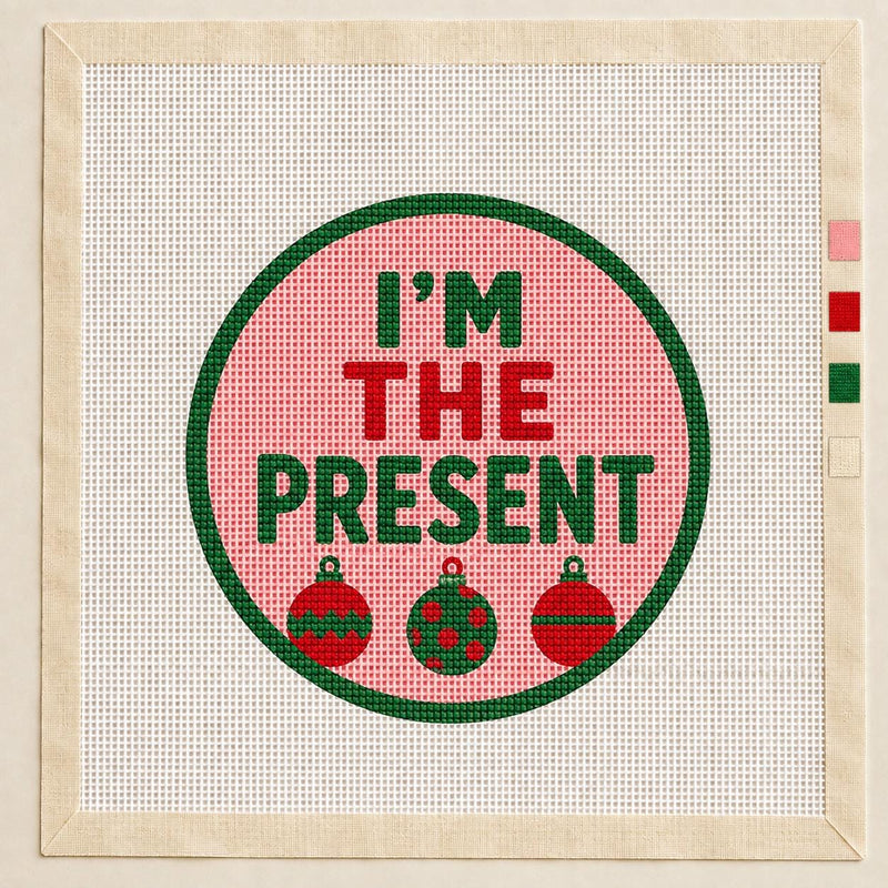 I'm the present - Funny Christmas Needlepoint Canvas, Hand-Painted 13 Mesh Ornament, Beginner Holiday Stitching