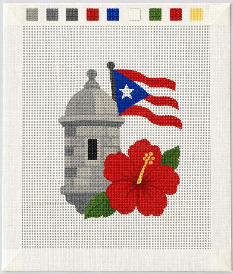Puerto Rico Garita Needlepoint Canvas, 13 Mesh Hibiscus and Flag Design San Juan