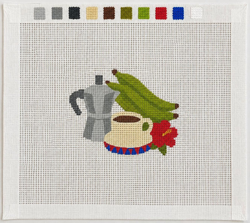 Puerto Rico Coffee Needlepoint Canvas, 13 Mesh Plantain and Hibiscus Design