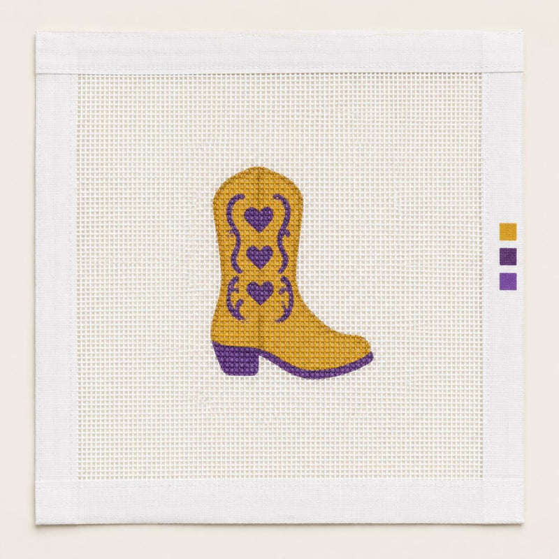 Gold Cowboy Boot Needlepoint Canvas, Purple Hearts, Western Game Day Charm