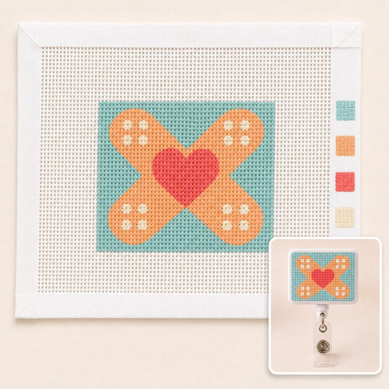 Bandage Heart Needlepoint Badge Reel Kit, DIY Medical Craft, 18-Mesh Canvas