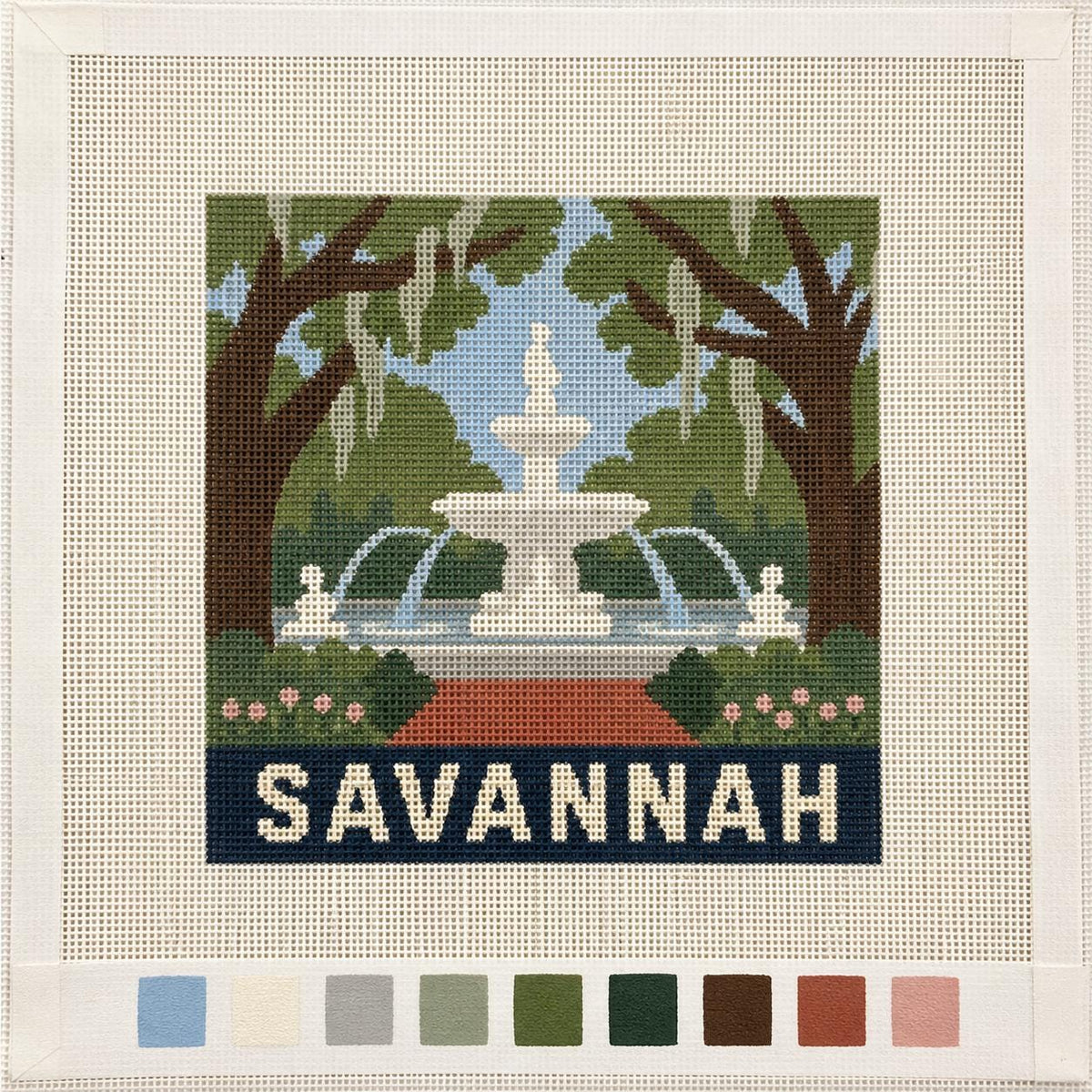 Savannah, Georgia Needlepoint Canvas – Hand-Painted 18 Mesh  Park Fountain, Southern Travel Gift