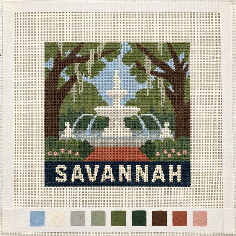 Savannah, Georgia Needlepoint Canvas – Hand-Painted 18 Mesh  Park Fountain, Southern Travel Gift