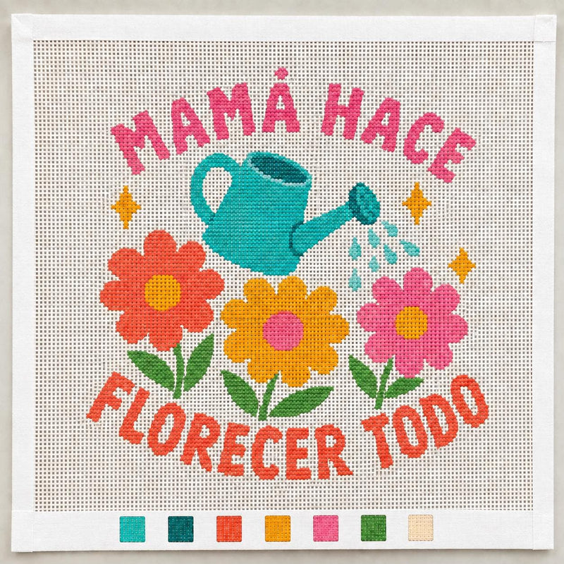 Mamá Hace Florecer Todo Needlepoint Canvas – Latina Mom and Garden Lover Gift, 13 Mesh