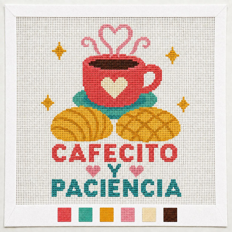 Funny Spanish Needlepoint Canvas Cafecito y Paciencia – Spanish Coffee Lover Gift, 13 Mesh