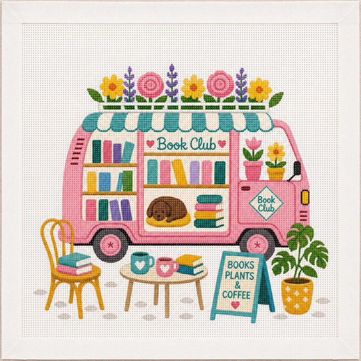 Book Club Needlepoint, Hand-Painted 18 Mesh Bookmobile, Book Lover  Floral  Reader Gift