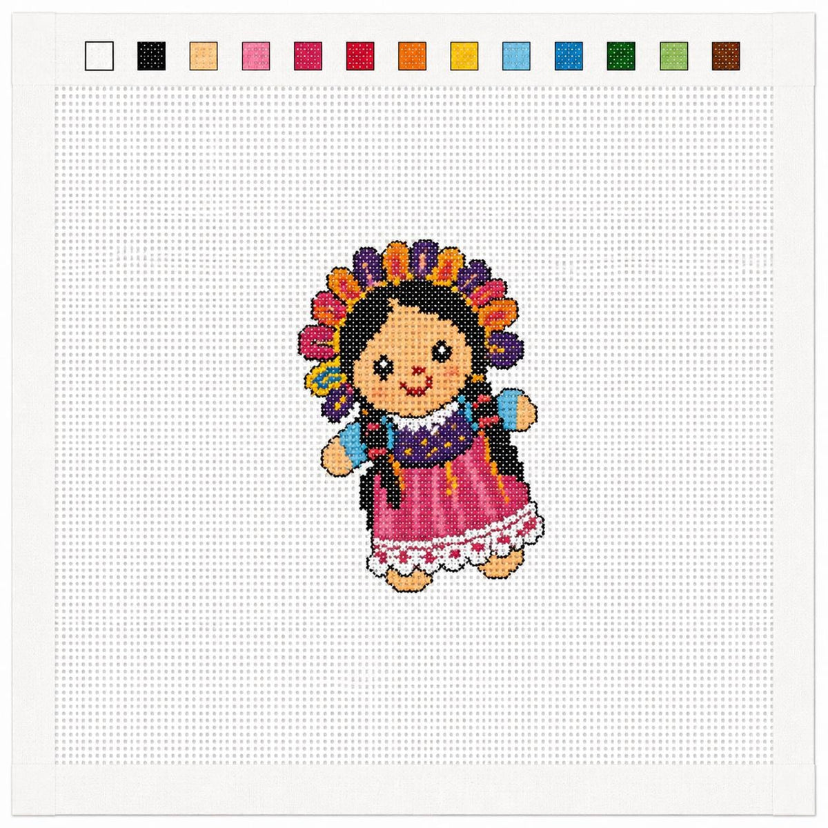 Mexican Folk Doll Needlepoint Canvas, Hand-Painted 13 Mesh, Latina Ornament, Mexican Bag Charm, Mini