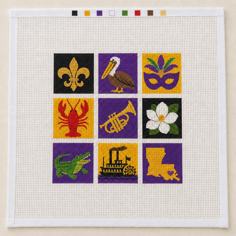 Louisiana Mosaic Needlepoint Canvas, Hand-Painted 13 Mesh, New Orleans Mardi Gras Travel Design