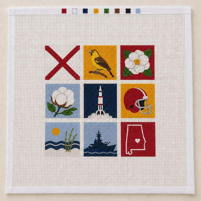 Alabama Mosaic Needlepoint Canvas, Hand-Painted 13 Mesh, 4x4 Gulf Shores Huntsville Southern Travel Design