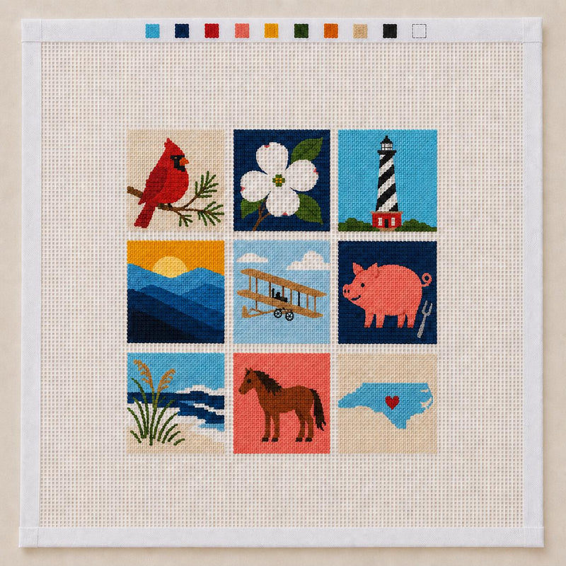 North Carolina Mosaic Needlepoint Canvas, Hand-Painted 13 Mesh, Outer Banks Blue Ridge Travel Design