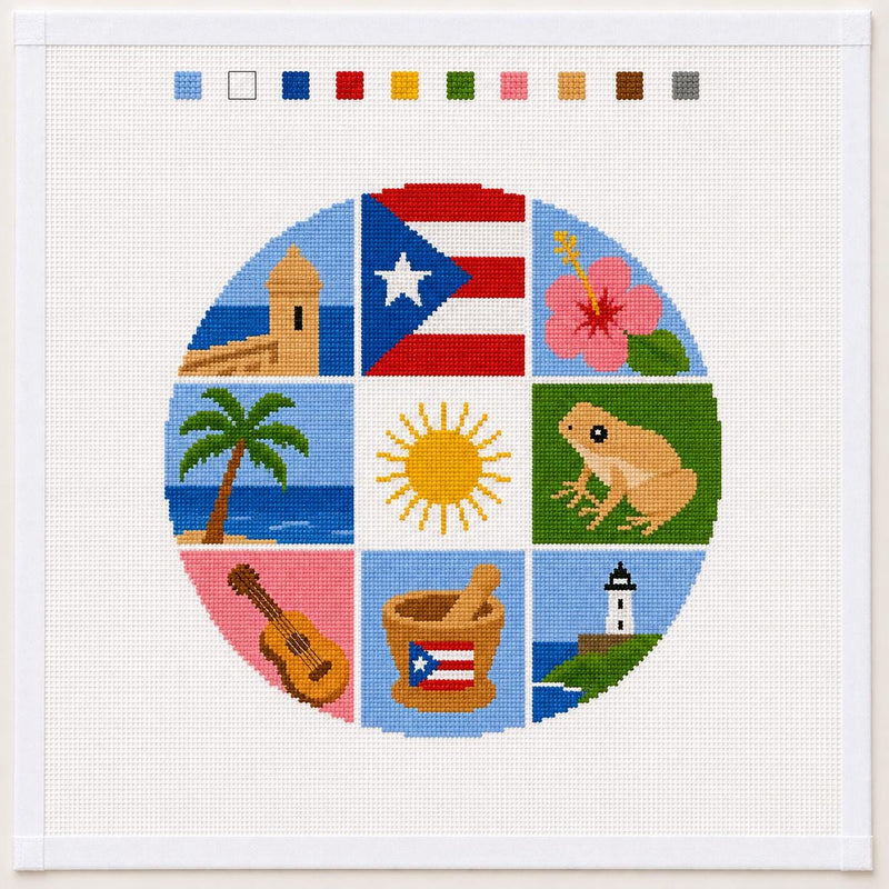 Puerto Rico Round Needlepoint Canvas, Beginner-Friendly 13 Mesh Country Mosaic Travel Ornament Handbag charm Design