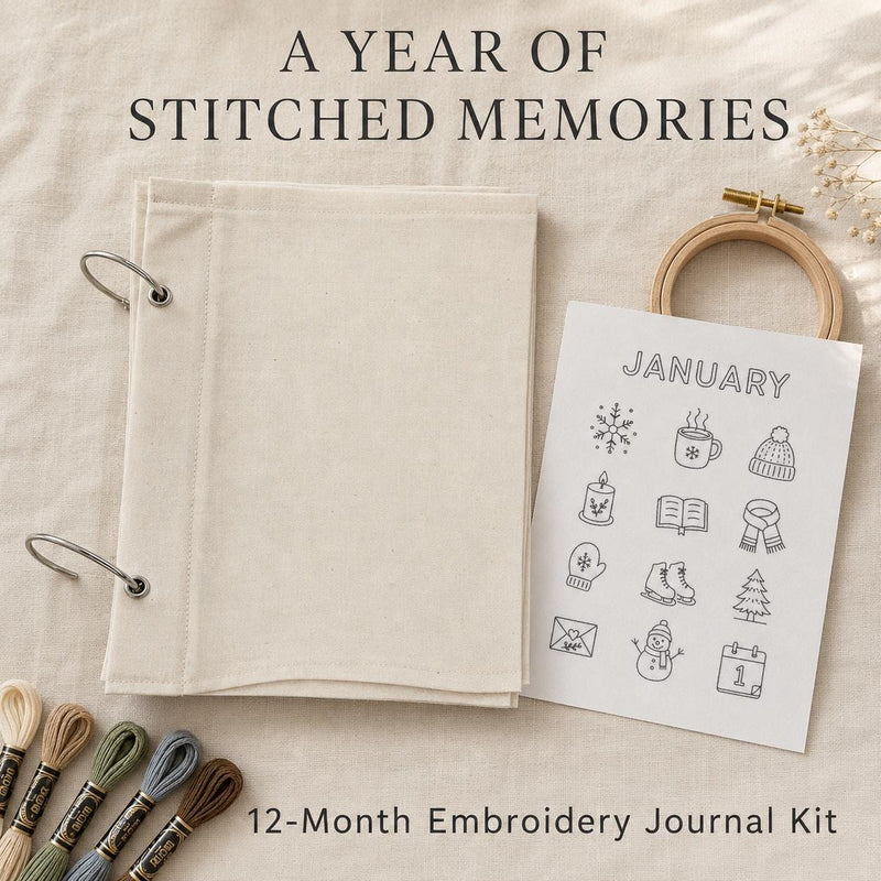 Personalized Embroidery Journal Kit, 5x7 Ring-Bound Fabric Book with Monthly Stick & Stitch Patterns